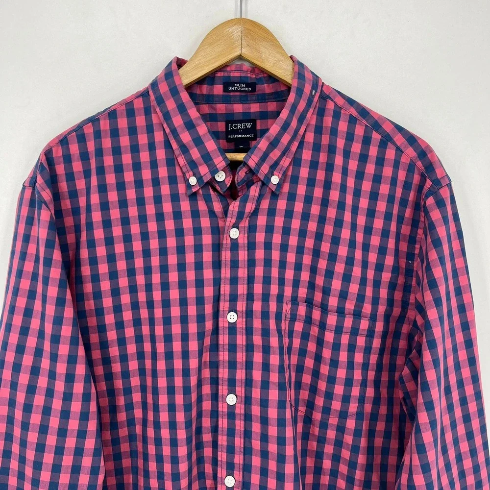 J.Crew Performance Slim Untucked Shirt Mens XL Pink Navy Blue Gingham Check